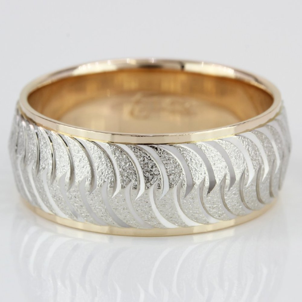 14k Two-Tone Gold Guilloché Etched Fancy Carved Wedding Band Ring
